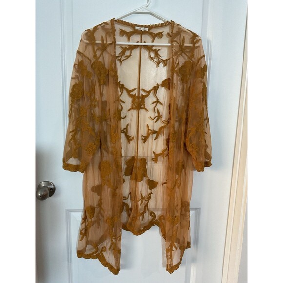 Boho Mustard Sheer Lace Embroidered Kimono Cardigan Maurices Yellow 1X Plus - Picture 1 of 8